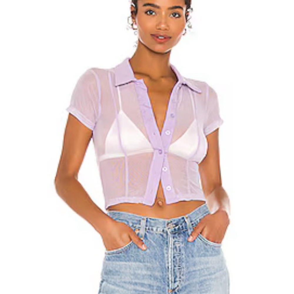 Lilac/ Lavender Superdown crop button up sheet short sleeved top.  So cute!!!